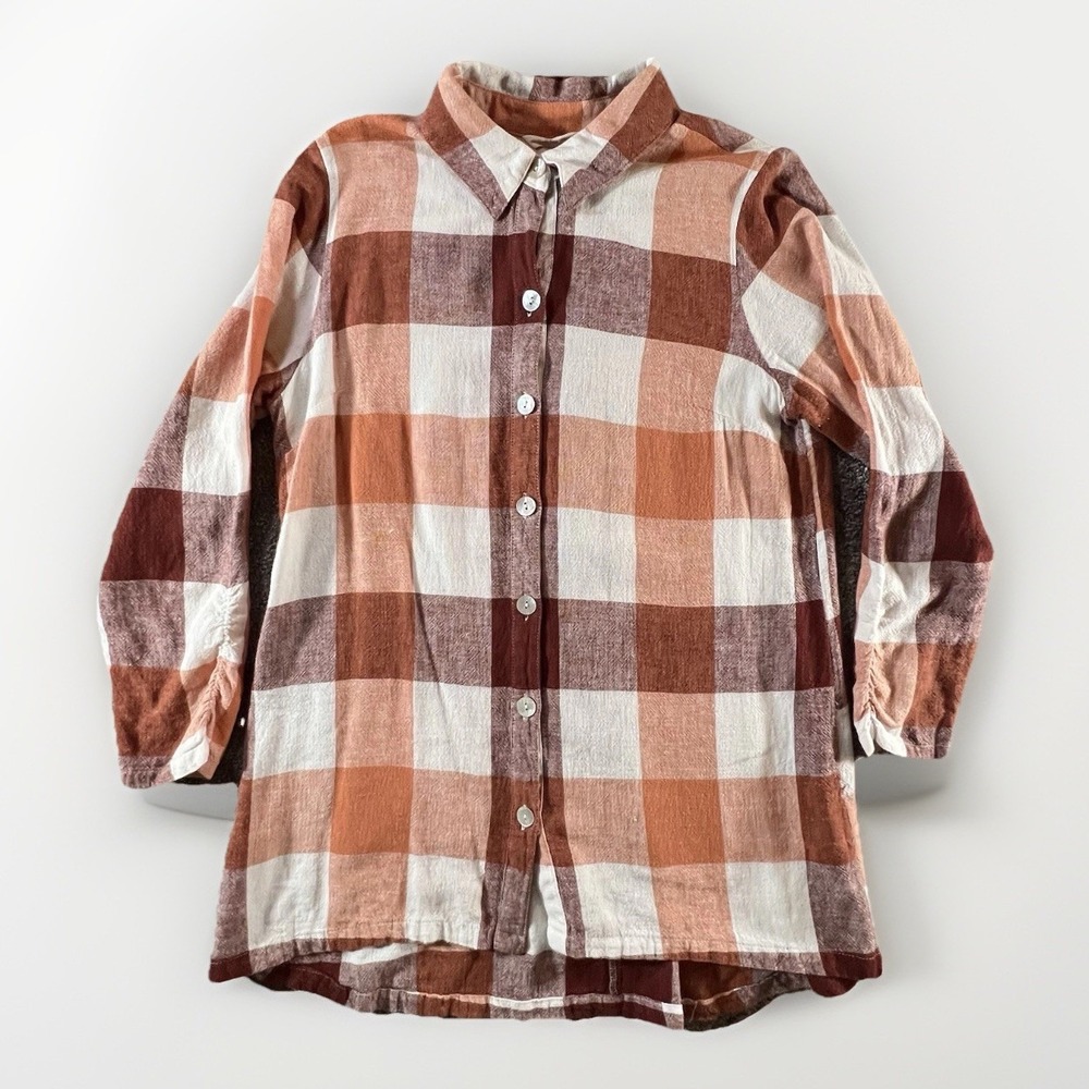 Soft Surroundings Plaid Linen‎ Blend Button Shirt Top Size Small Zip Back Fall
